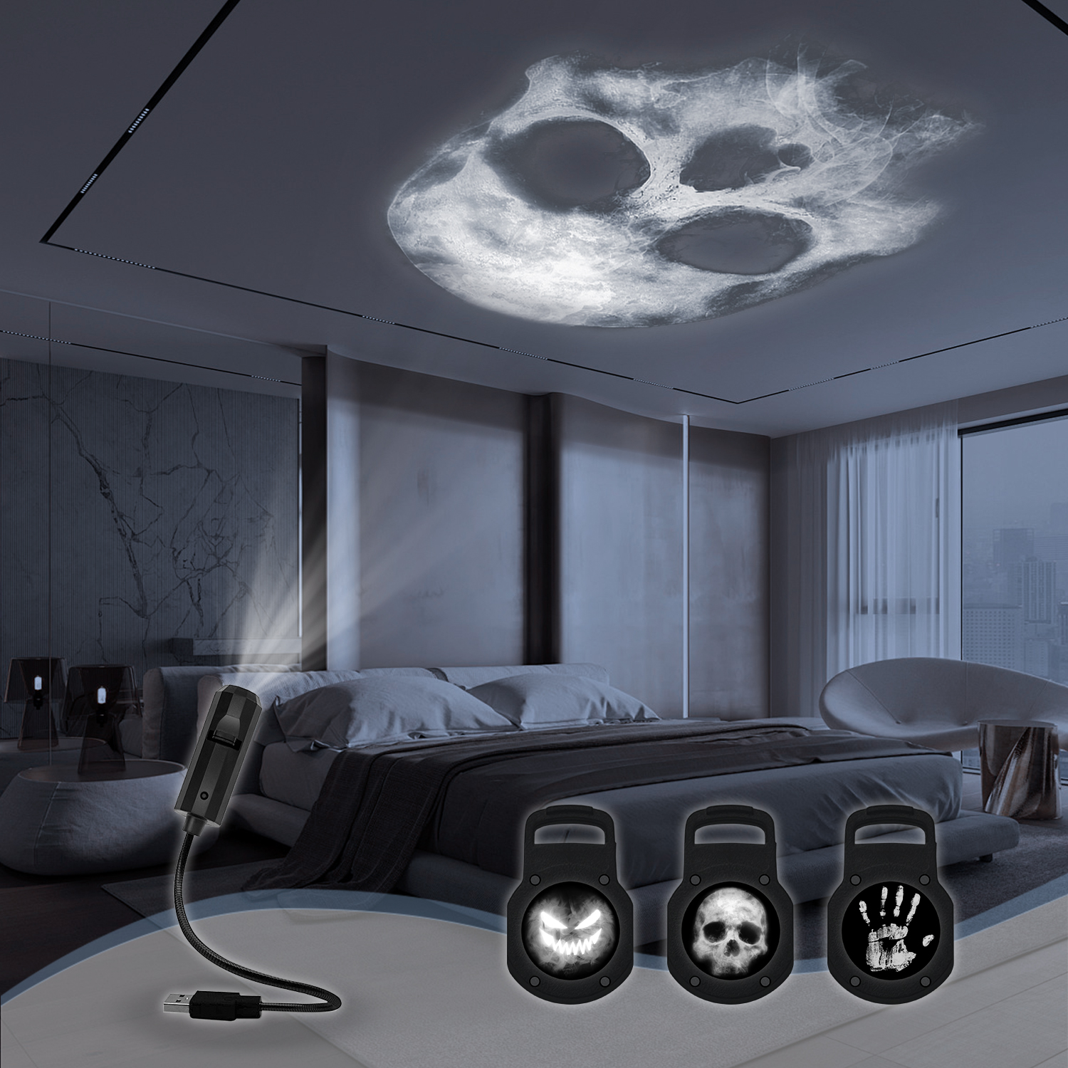 Halloween LED Projection Moon Lamp USB Night Light for Party Bedroom Holiday Decoration Ceiling Wall Atmosphere Light