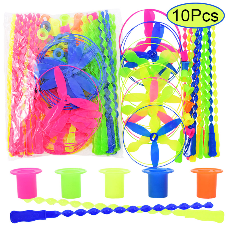 10pcs Color Bamboo Dragonfly Hand Push Flying Disc Rotating Helicopter Outdoor Toys For Kids Birthday Party Favors Prizes