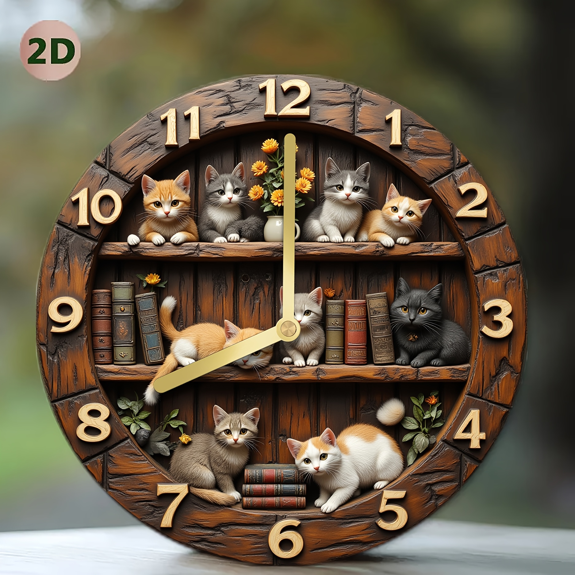 Silent Wall Clock with Cute Kitten & Bookshelf Design - Large Yellow Hands, Black Arabic Numerals, - (Low Voltage) Room Decor,