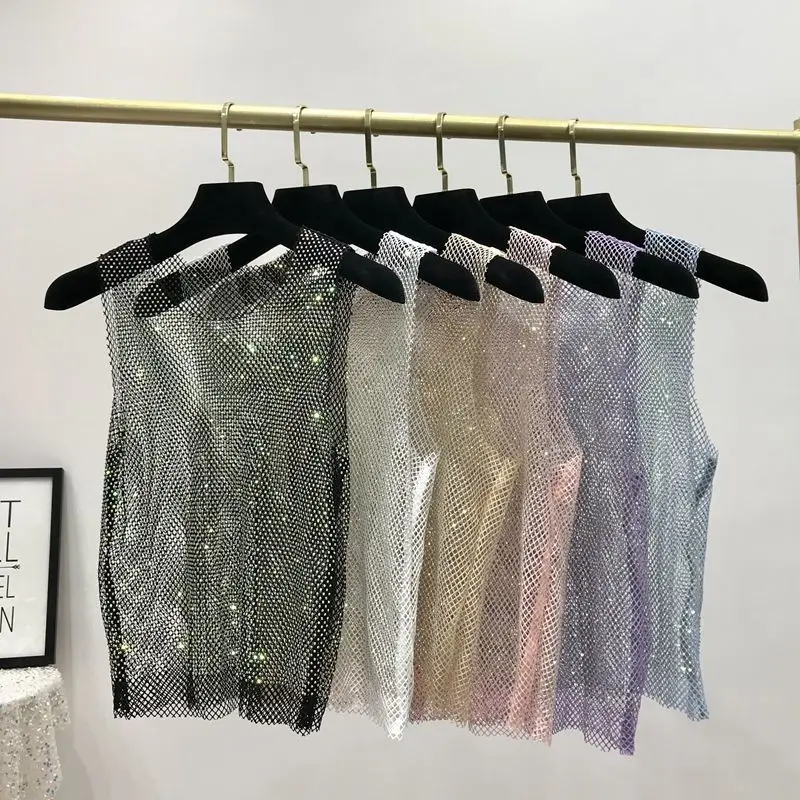 Y2k Hot Girl Vest Summer New Style Bright Hollow Hot Diamond Bling Top Super Fairy Thin Net Shirt Women's Trend