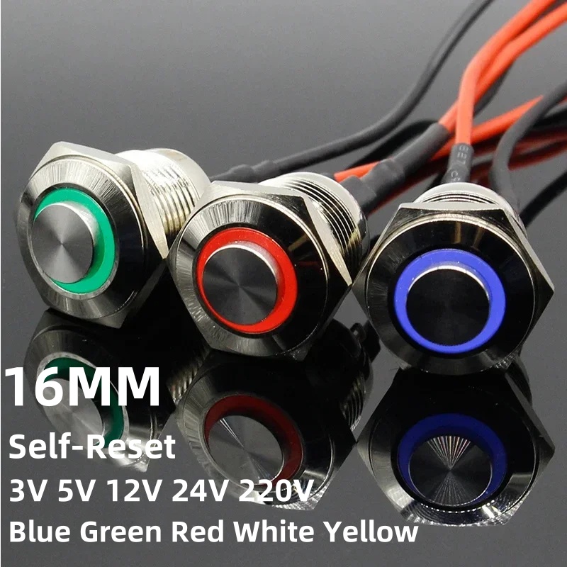 1PC 16MM with LED 3V 5V 12V 24V 220V 10A Metal Button Switch Momentary push button auto reset waterproof illuminated
