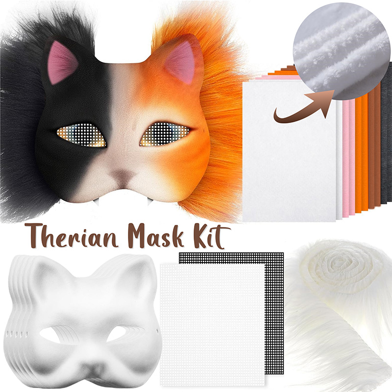 DIY White Pulp Mask Kit Fun Therians Mask Fox Cat Mask Children's Handmade Graffiti Half Face Mask for Masquerade Cosplay Party