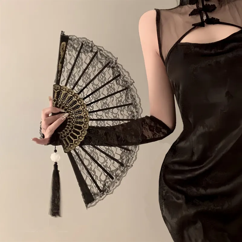 New Chinese Retro Black Lace Folding Fan JK Lolita Hanfu Cheongsam Fan Tassel Antique Style Photo Prop Female