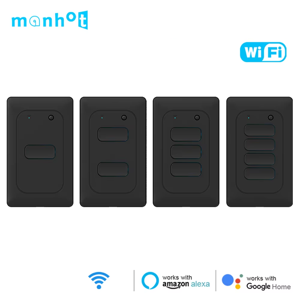 MANHOT WiFi Matter Smart Switch Neutral Wire Optional Push Button Light Switch US Switch Work With Tuya Alexa Home