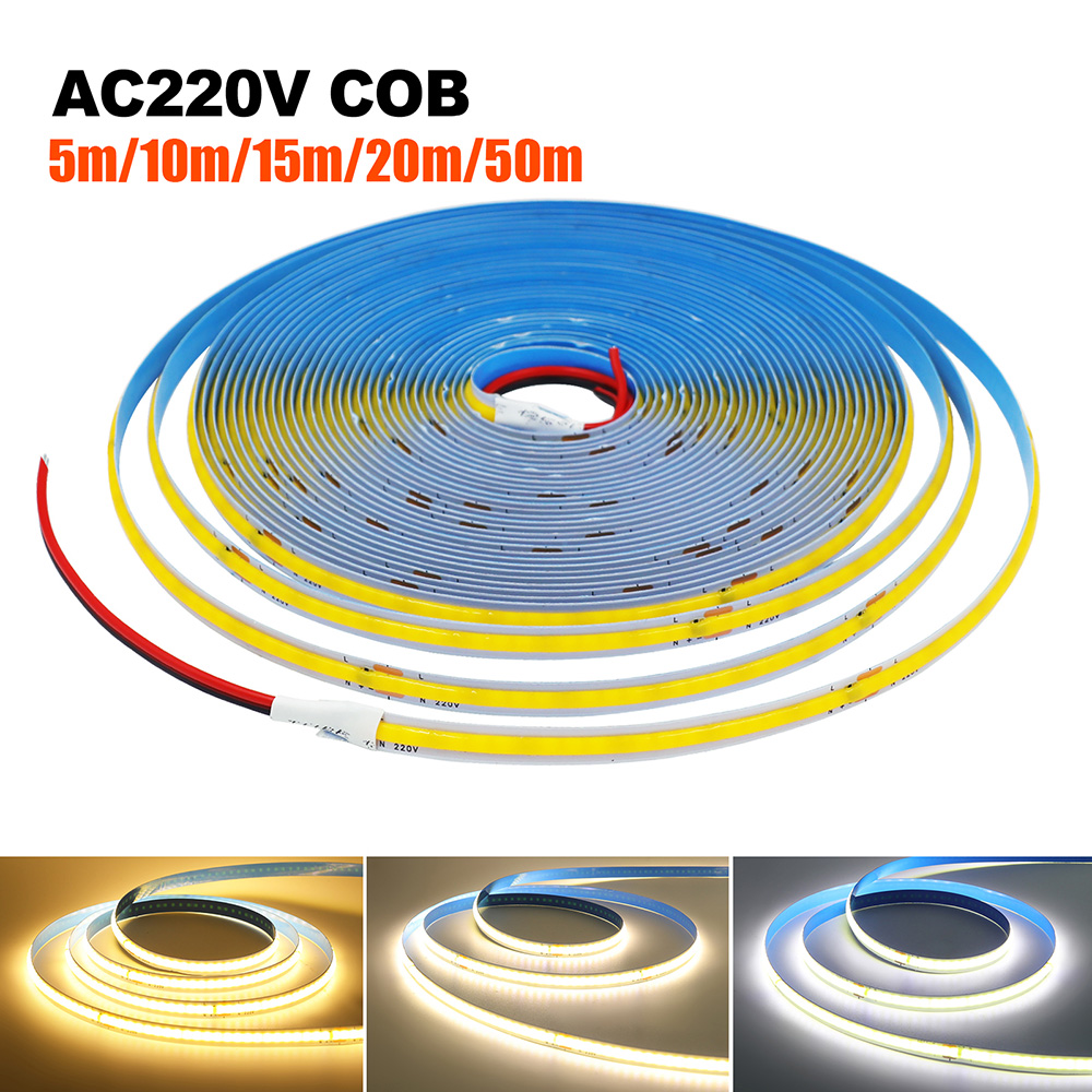 5m 10m 20m 50m COB LED Strip Light 220V 230V Flexible Tape Lights with IC Chip High Bright 240LEDs/m Linear Lighting RA90