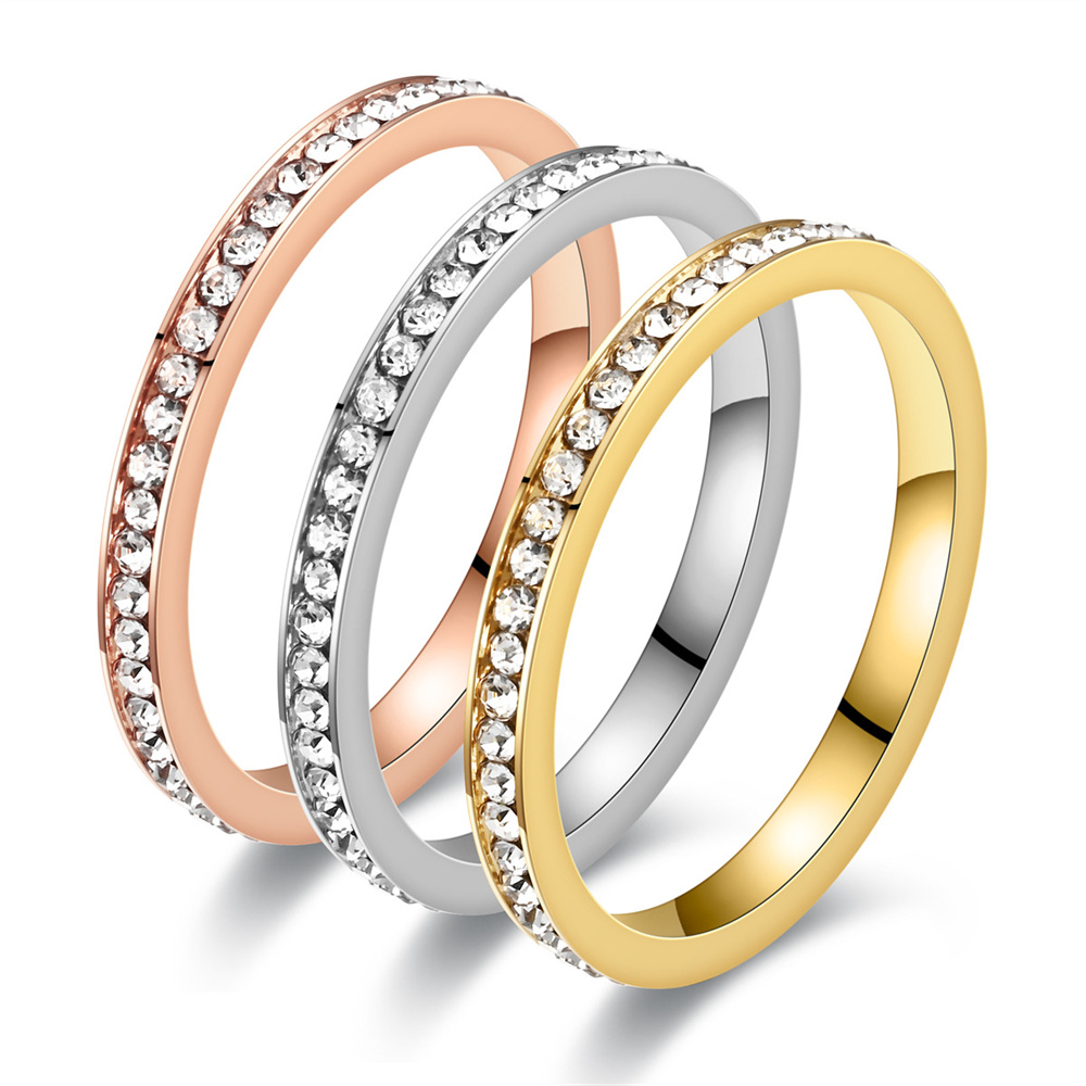 2mm Iced Out Bling CZ Ring Female Gold Silver Color Stainless Steel Cubic Zircon Wedding Engagement Rings for Women Jewelry