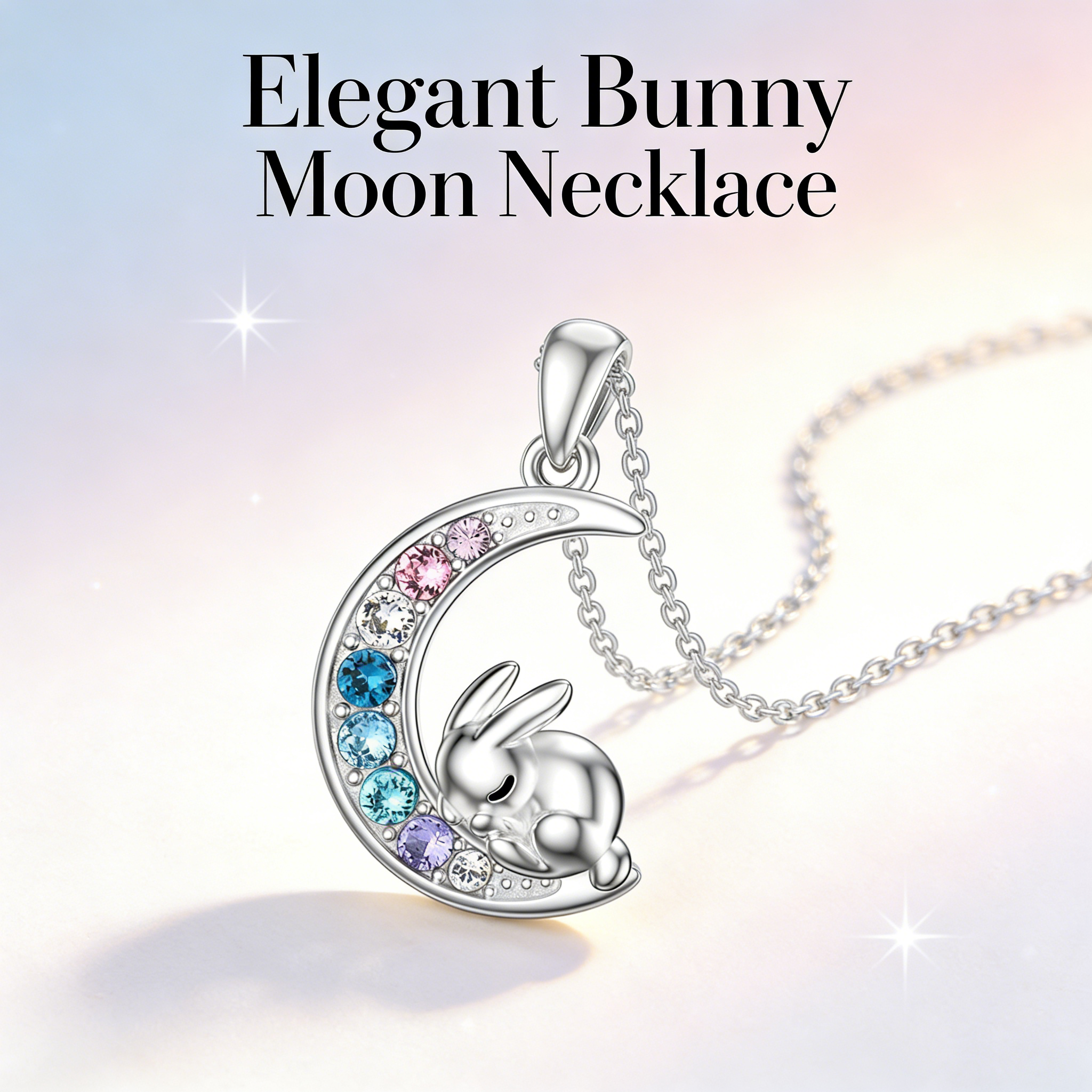 Zinc Alloy Sleeping Bunny Moon Necklace Gradient Colorful Faux Crystal Cute for Women Girls