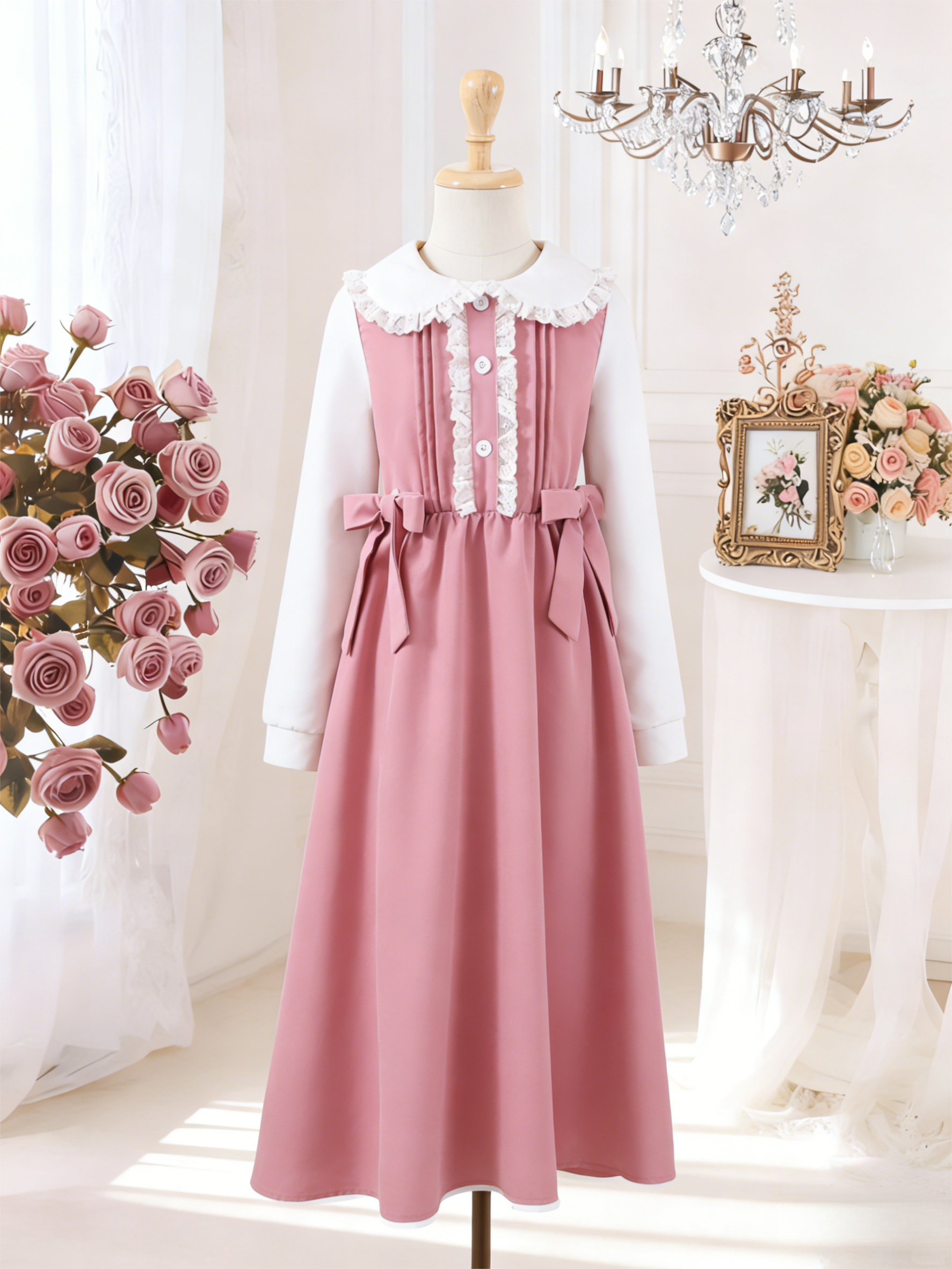 Girls' 8-12Y Pink Lace Patchwork Maxi Dress - Elegant Lady Style, High Quality, Peter Pan Collar with Single-row Buttons, Sweet