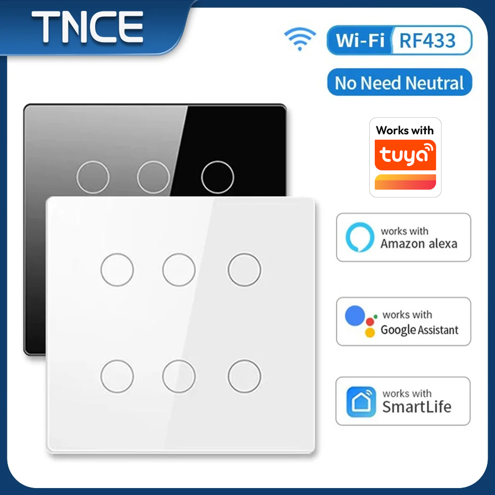TNCE Tuya WiFi Brazil 4x4 WiFi Smart Touch Switch Touch Panel 4/6 Gang Light Switch No Neutral Wire,Voice With Alexa Home lightify