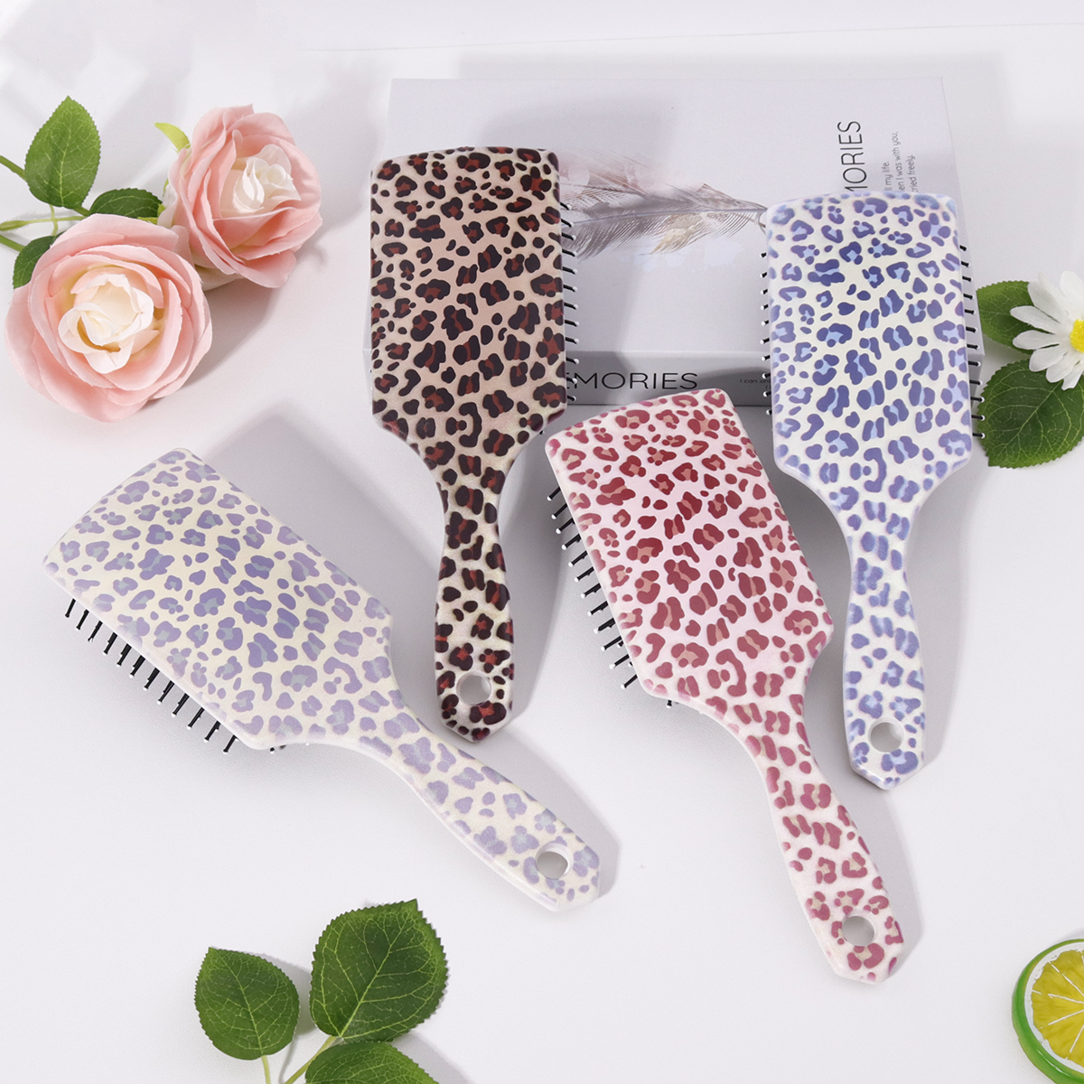 1pcs Leopard Print Pattern Anti-Static Hair Brush, Gentle Scalp Massage Comb, ABS Plastic Handle, Special for Real Hair