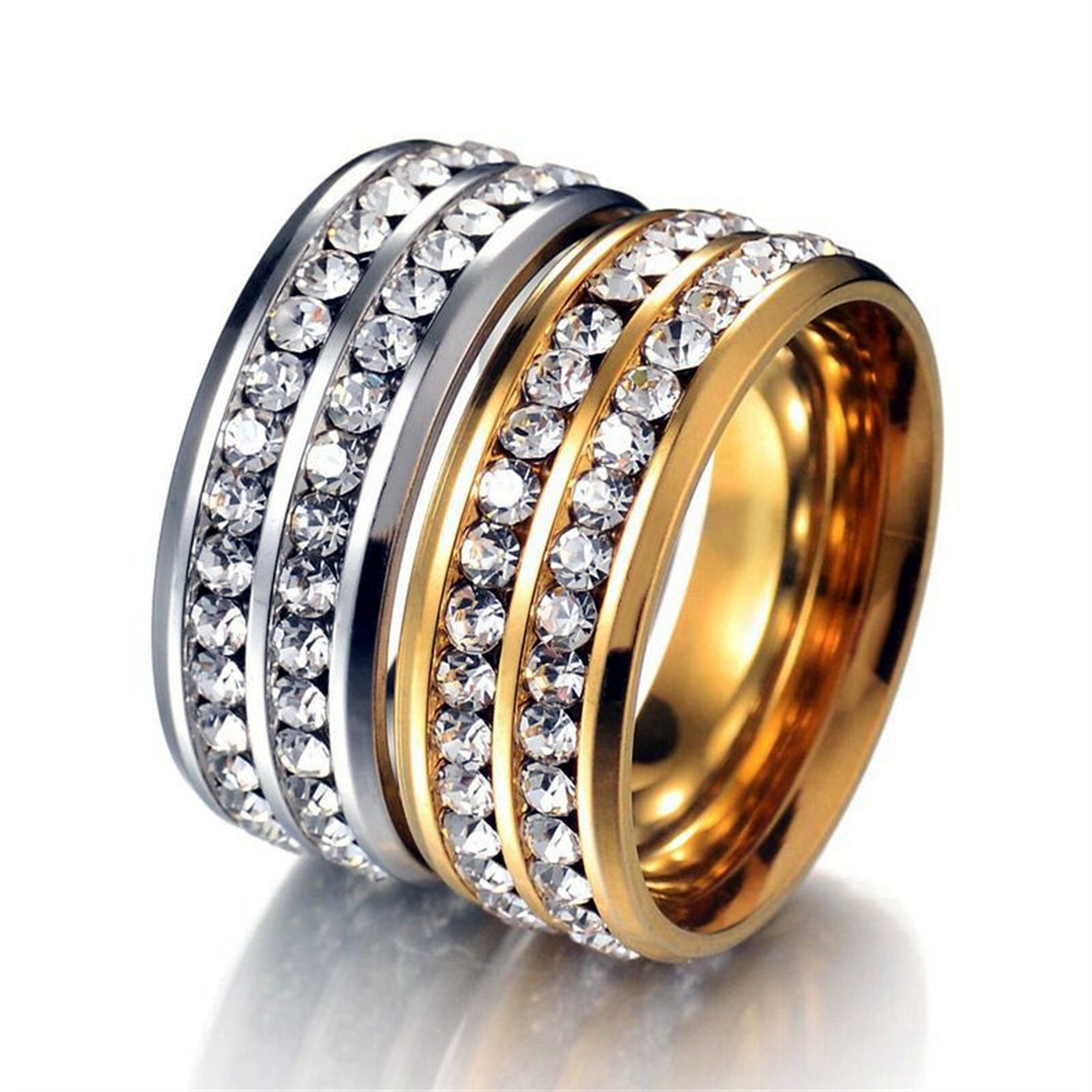 Hip Hop Iced Out Bling Ring 8mm Gold Silver Color Stainless Steel Cubic Zirconia Wedding Rings for Women Men Jewelry