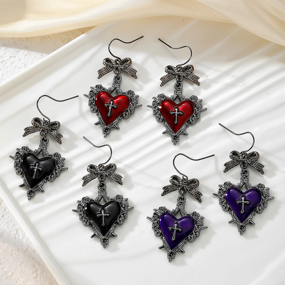 Fashionable and Creative Bow-Knot Heart Earrings Halloween Alloy Oil-Drip Black Earrings Cross Earrings