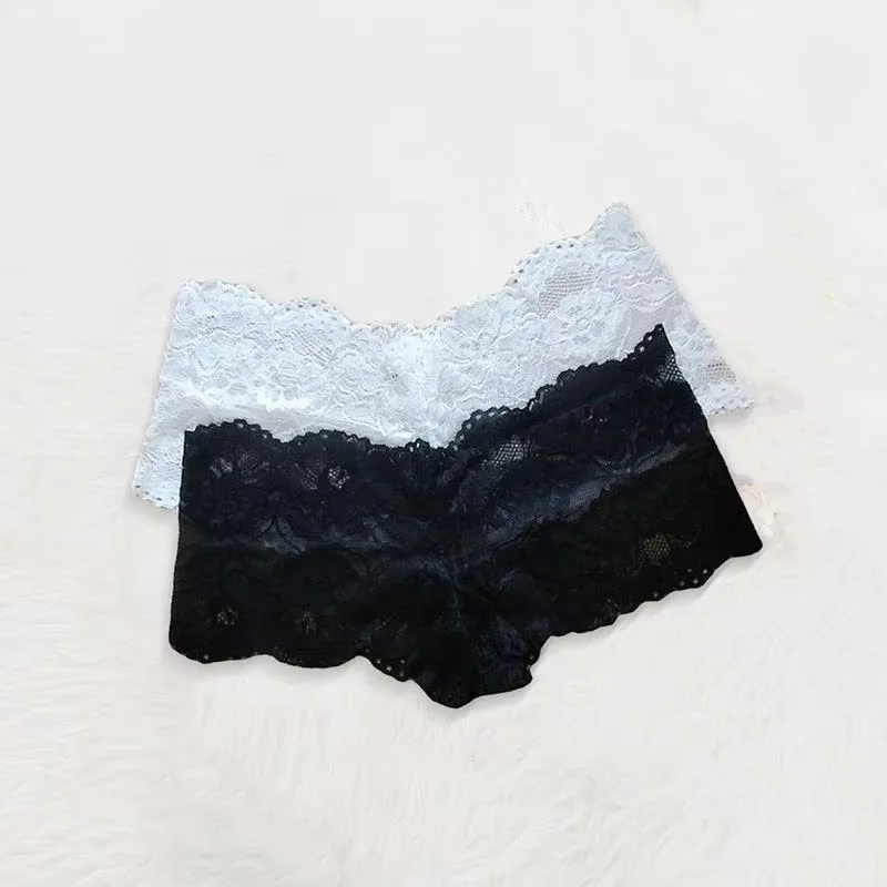 Lace Floral Boxer Briefs Breathable Underwear Hollow Perspective Women Underwear Comfortable Black White Plus Size
