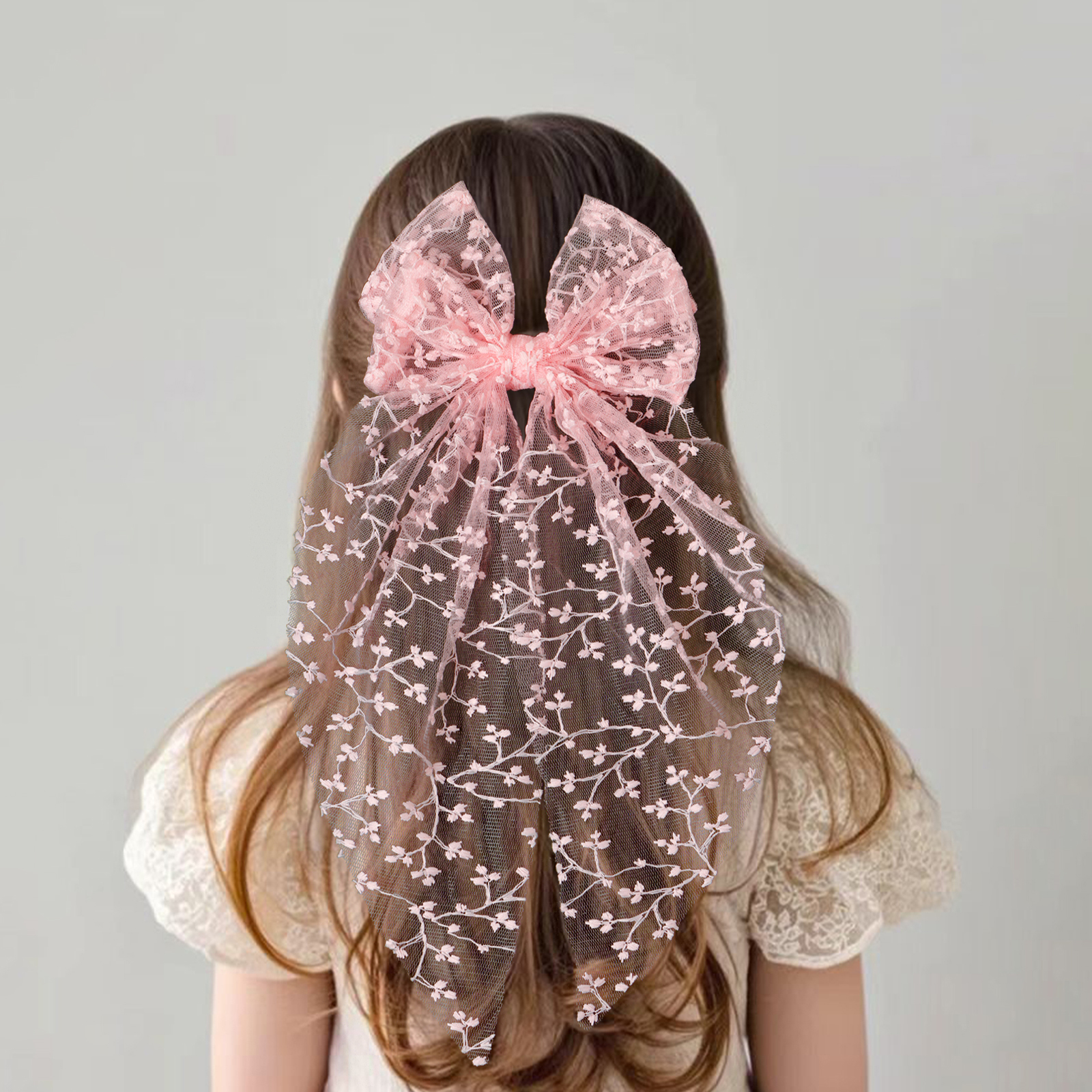 1pc Girls Wedding Decor Embroidery Lace Bow Long Tail Hair Accessory Kids Party Wear Hair Clip Teenage Fahion Ponytail Barrettes