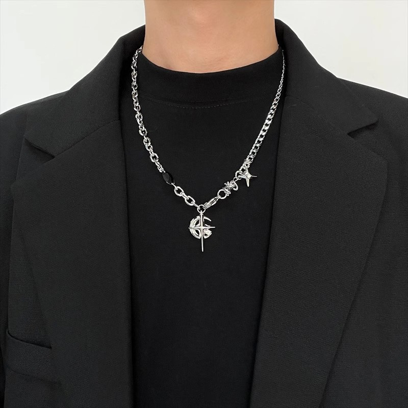 New In Y2K Cuban Figaro Chain Star Moon Pendant Necklace Men Punk Black Zircon Chain Choker Necklace For Men Jewelry pen gpt