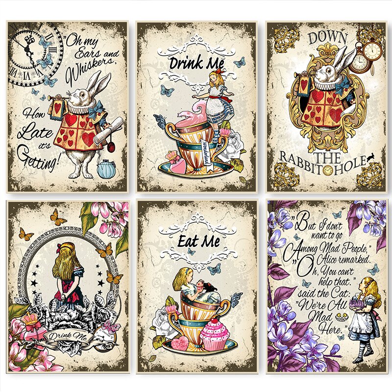 Vintage Alice in Wonderland Storybook Canvas Prints Enchanting Wall Decor for Girls Rooms with Princess Rabbit Illustrations