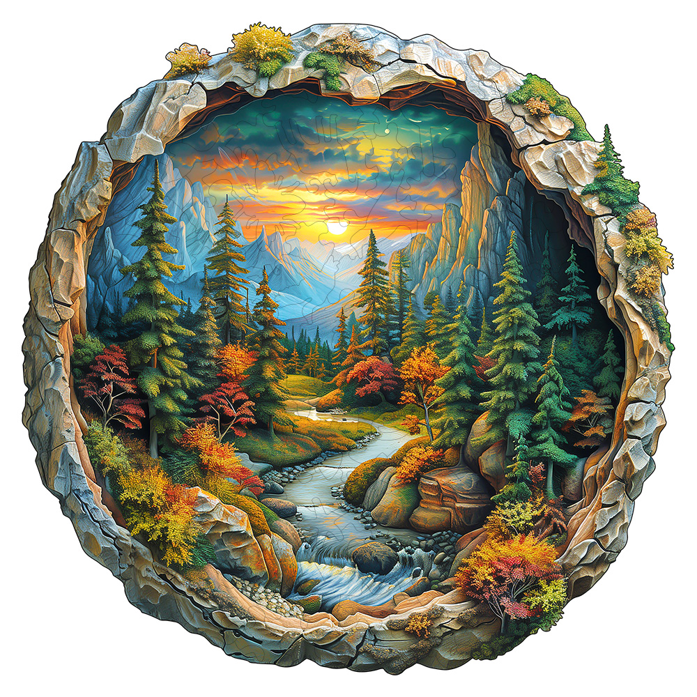 3D Wooden Circular Puzzle - Green Forest Sunset Scene, Family Game Activities, Wooden Home Decoration