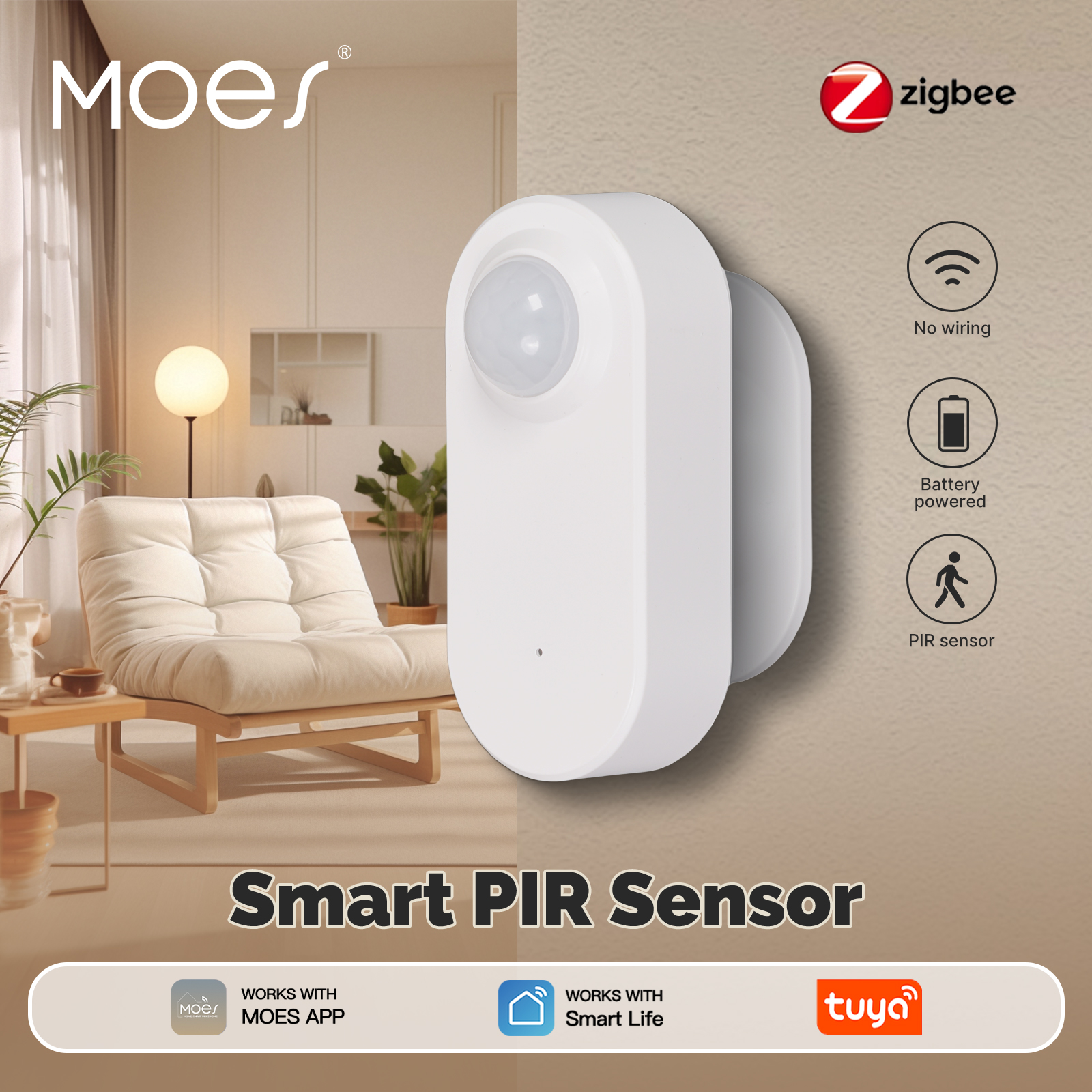 MOES Smart PIR Motion Sensor Tuya ZigBee WiFi Human Body Detector Wireless Battery Powered Home Security Works with Alexa