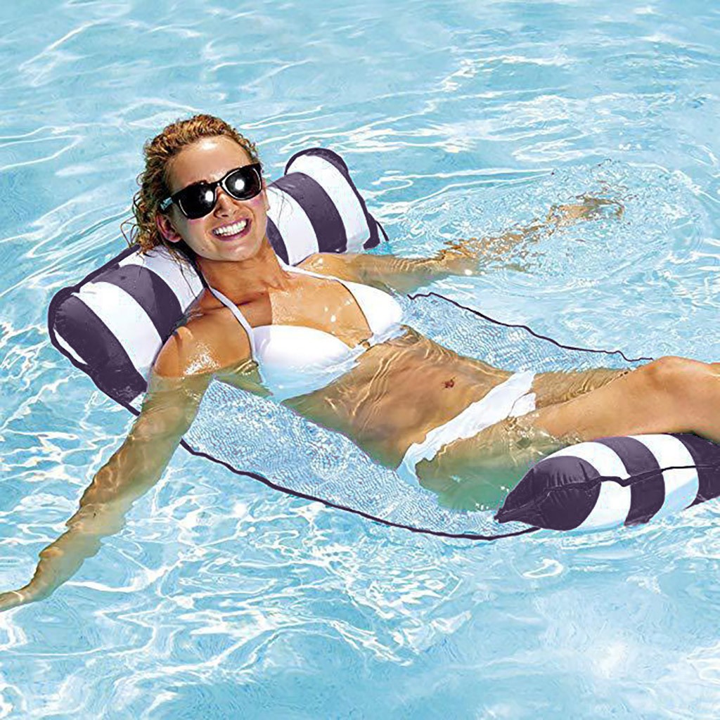 Foldable Striped Inflatable Lounge Chair, Suitable For Swimming Pool Parties And Beach Leisure Floating Beds With Net Backrest