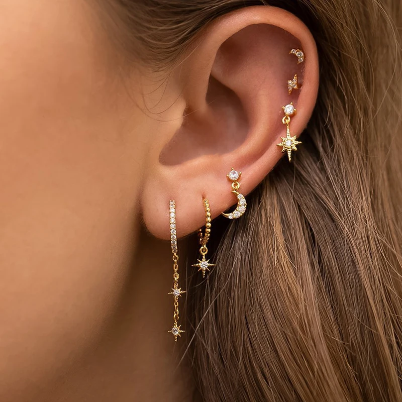 2PCS New Stainless Steel Cubic Zirconia Chain Hoop Earrings For Women Star Moon Unique Punk Earring Cartilage Piercing Jewelry