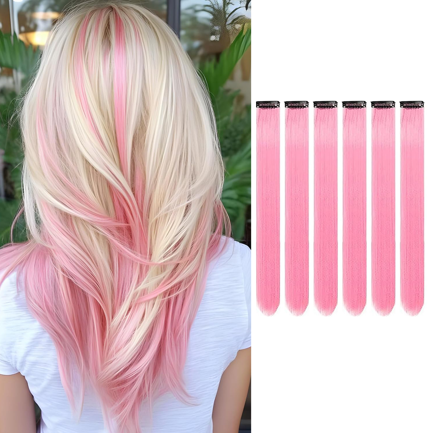 6 PCS Clip In Hair 22 Inch Long Straight Heat Resistant Synthetic Hair Highlights, Easy to Use Colorful Hairpieces