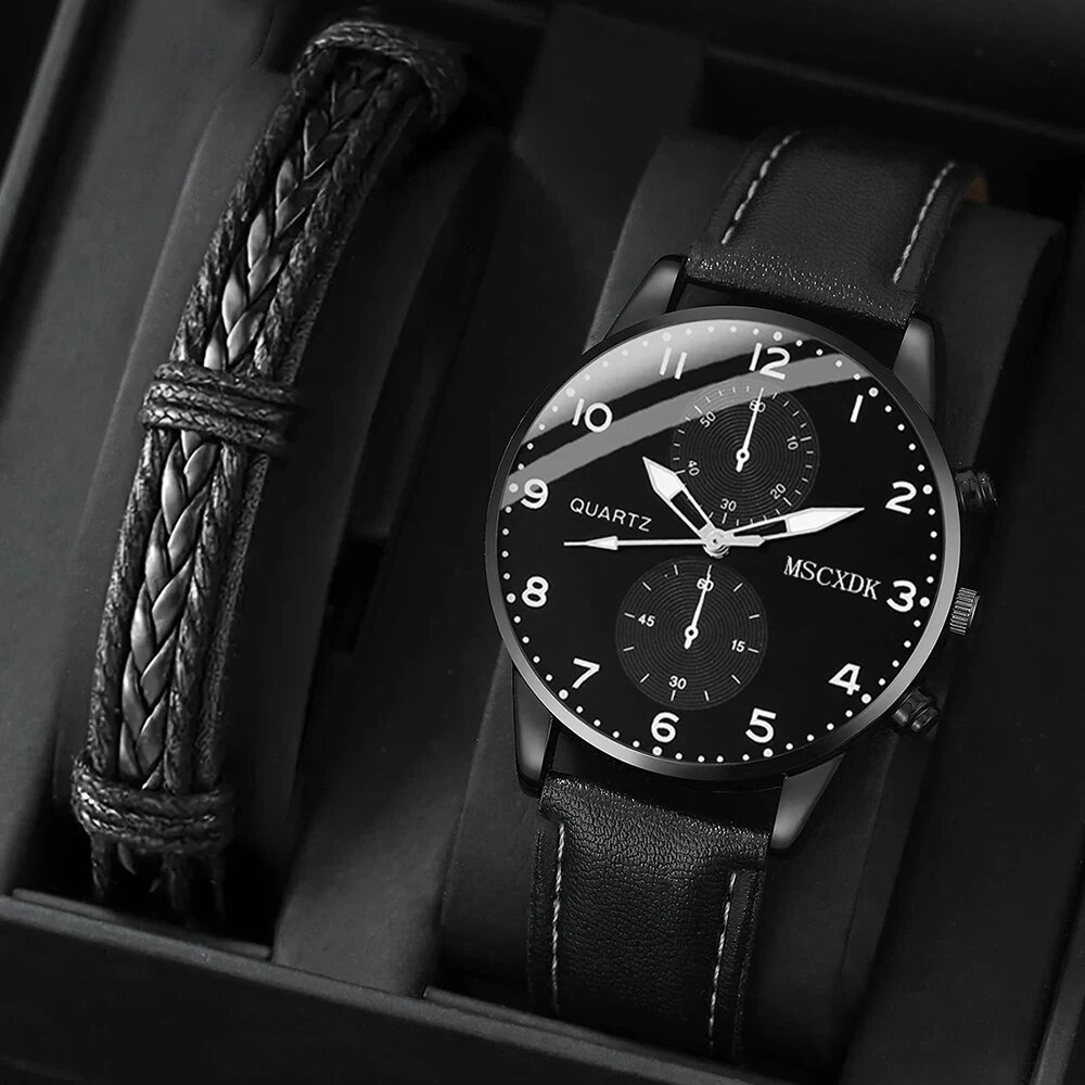 2pcs Black Round Quartz Watch With Leather Bracelet man Business Watch Fashion Casual For Daily Sports Bles Online DZ-22A-05