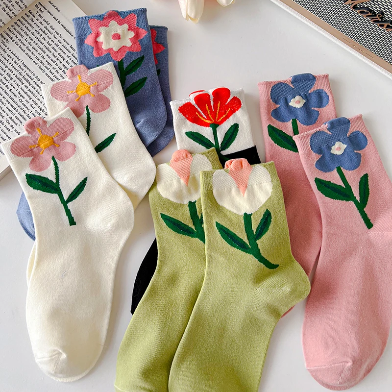 1 Pair Women Socks Cartoon Flower Candy Color Harajuku Breathable Design Korean Style Japanese Comfortable Socks Tulip
