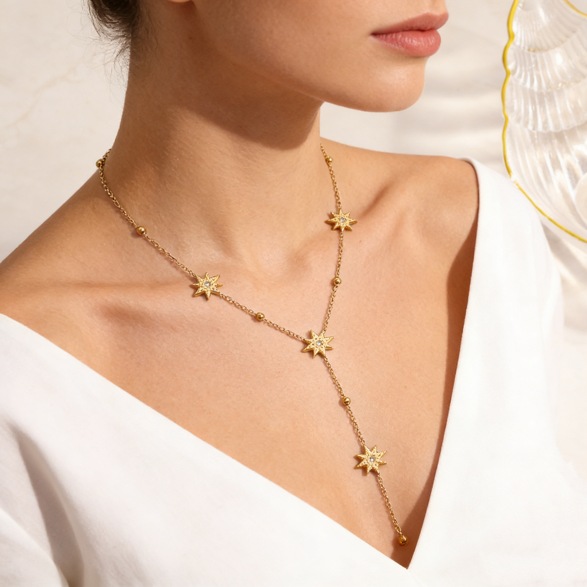 Elegant Y Shape Lariat Necklace Cubic Zircon Eight Point Star Necklace Stainless Steel Minimalist Necklace