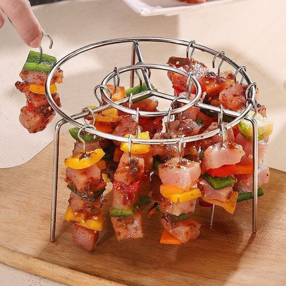 Durable Stainless Steel Air Fryer Grill Round Barbecue Grill with Grilled Skewers Hanging Skewers Rack Vertical Grill Rack