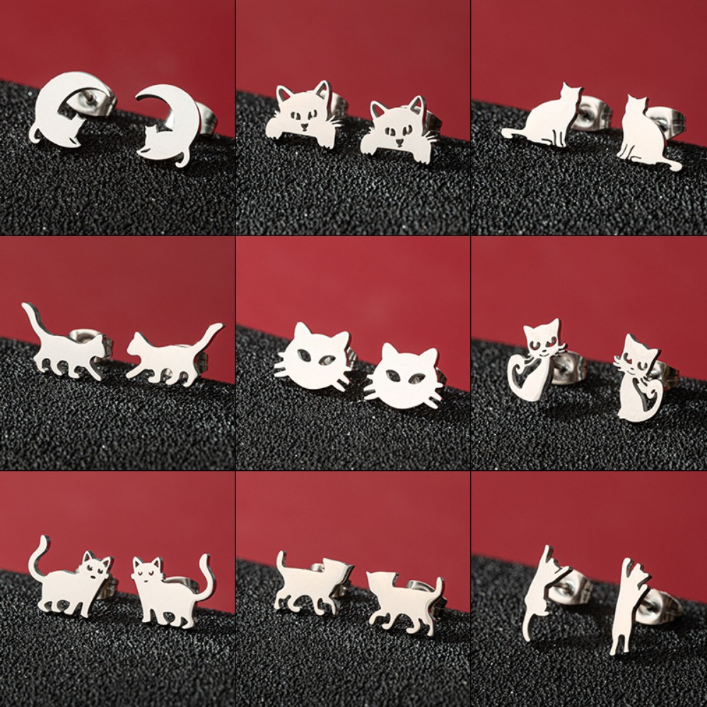 1 Pair Cartoon Animal Cat Earings Cute Stainless Steel Kitten Stud Earring for Women