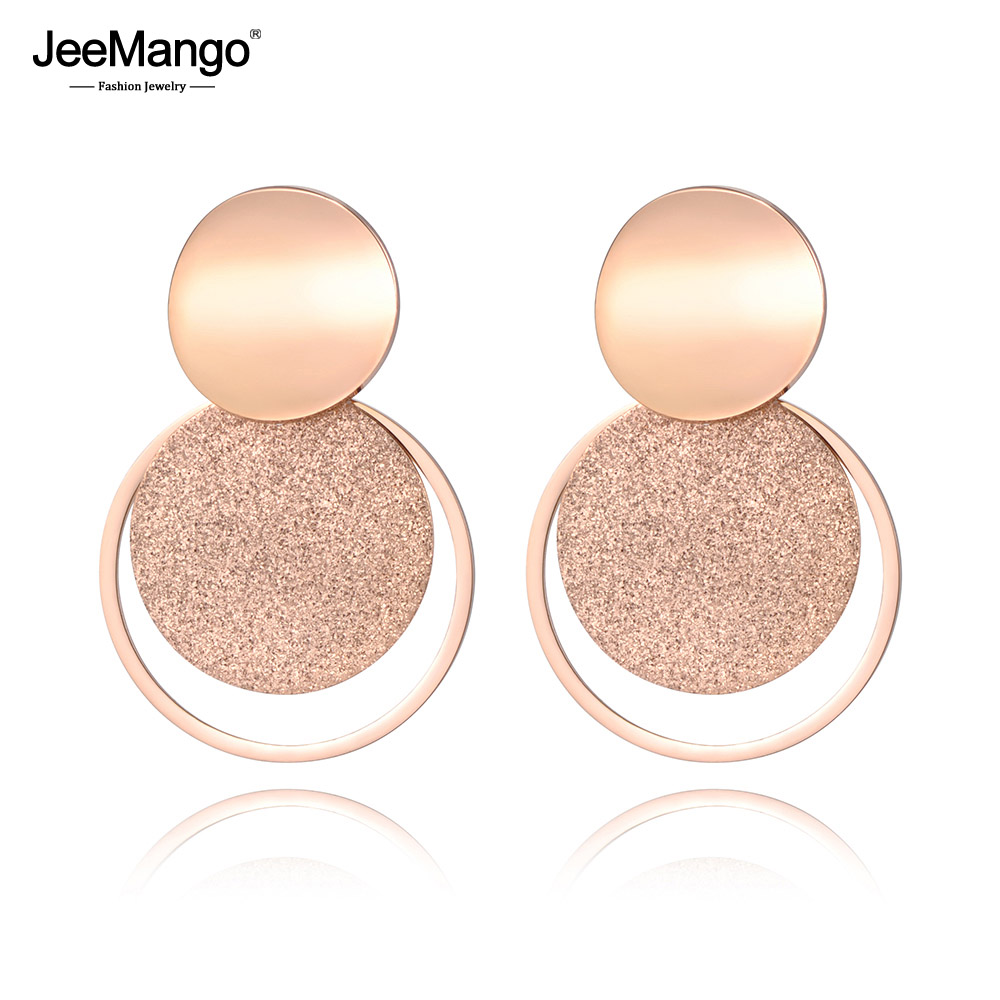 JeeMango Stainless Steel Jewelry Rose Gold Color Frosted Sheet Circle Curved Disc Stud Earrings For Women JE18446