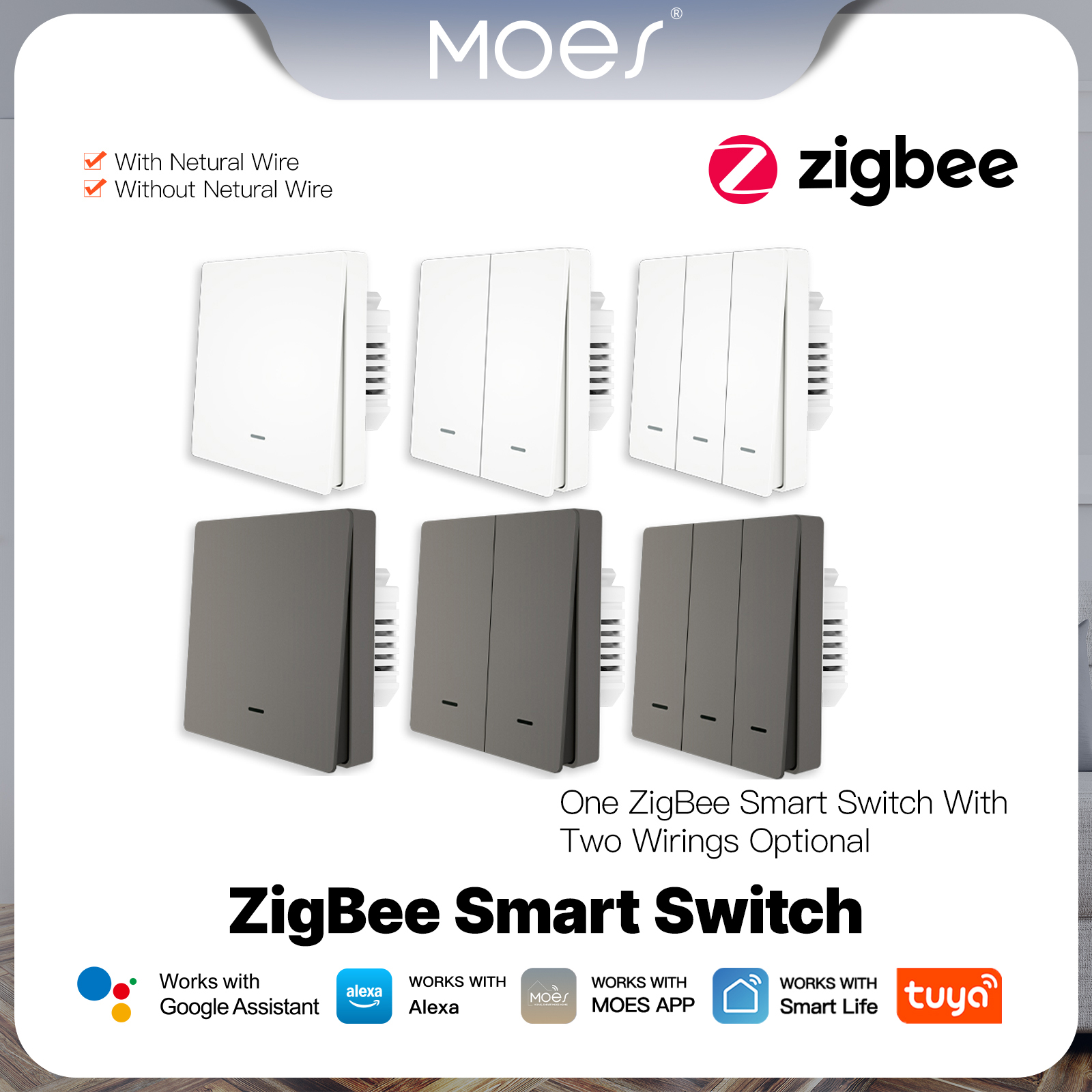 MOES Tuya ZigBee Smart Light Switch No Neutral Wire No Capacitor Needed Smart Life 2/3 Way Works with Alexa Home 2mqtt lightify