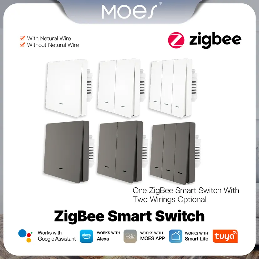 MOES Tuya ZigBee Smart Light Switch No Neutral Wire No Capacitor Needed Smart Life 2/3 Way Works with Alexa Home 2mqtt lightify