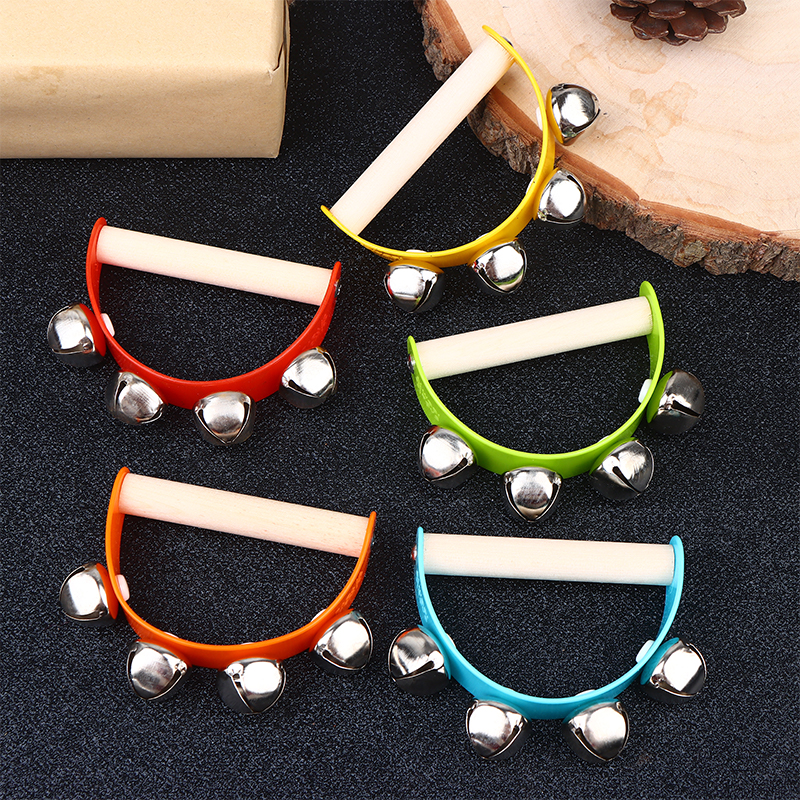 Wooden Half Round Hand Ringing Bell Children Tambourine Musical Orff Instruments Clapper Handle Educational Fun Toys