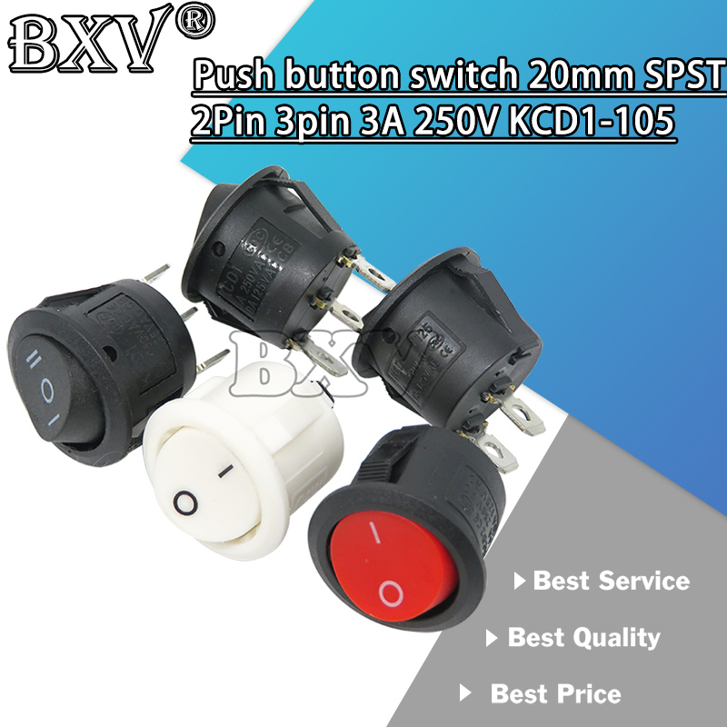 5PCS New Push Butt Switch 20MM SPST 2Pin 3Pin 3A 250V KCD1-105 KDC1 Snap-in Off Round Rocker Switch Black Red White