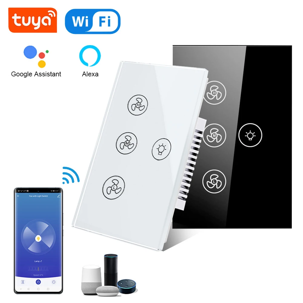 Wifi Smart Switch for Ceiling Fan LED Light Tuya Smart Life Alexa Google Voice Control Touch US Standard Wall Pannel 110-240V lightify