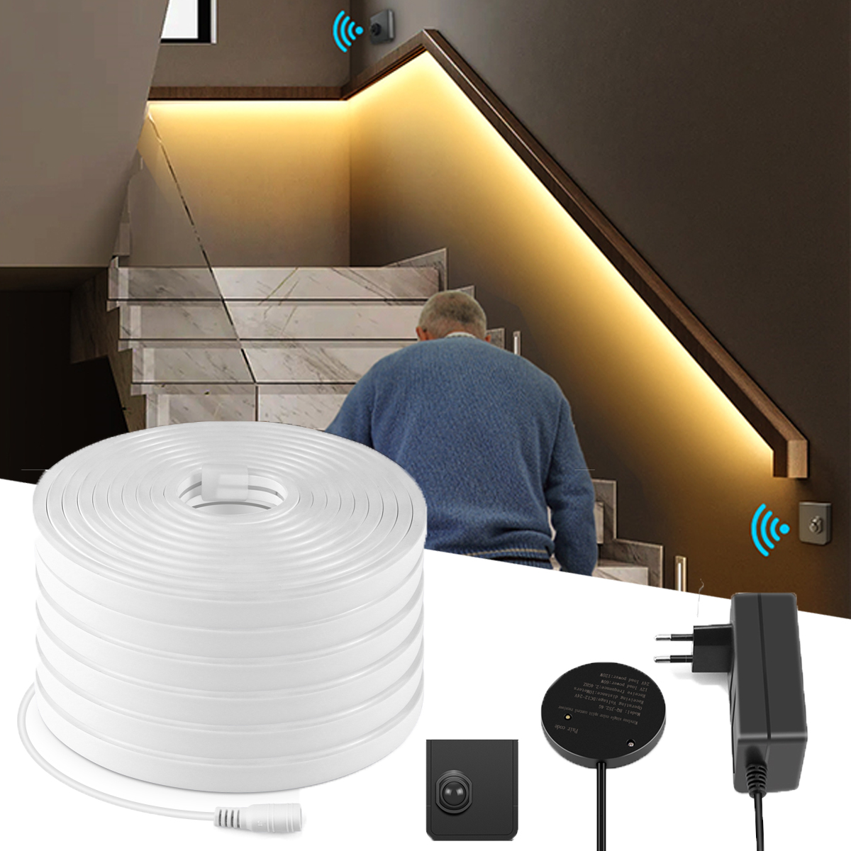 24V LED Neon Strip Light with Convenient Movable One/Dual PIR Motion Sensors,Bedroom Stairs Bathroom Night Safety Lighting