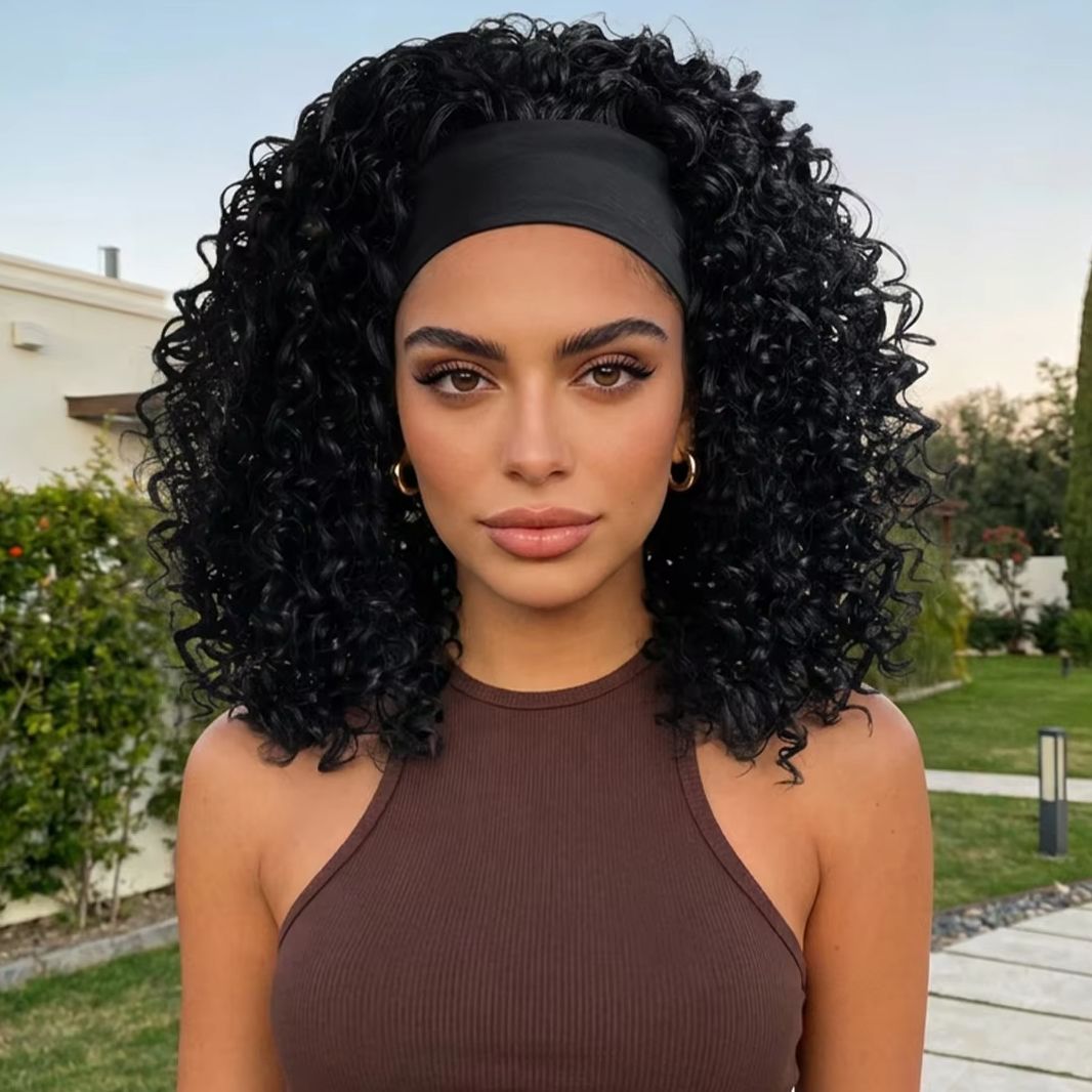 16 inch Headband Wig for Women Glueless Afro Curly Synthetic Wig with Adjustable Headband Natural Hairline Soft Full Volume Easy