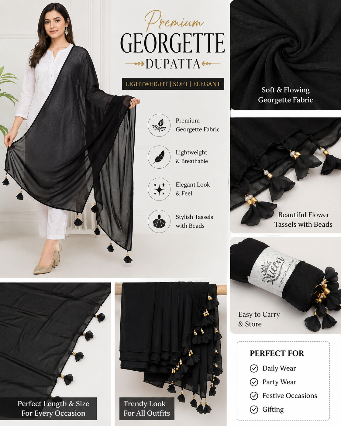 Premium White & Black Georgette Dupatta with Stylish Flower Tassels & Beads | Lightweight & Soft Dupatta | Size 147 × 74 cm
