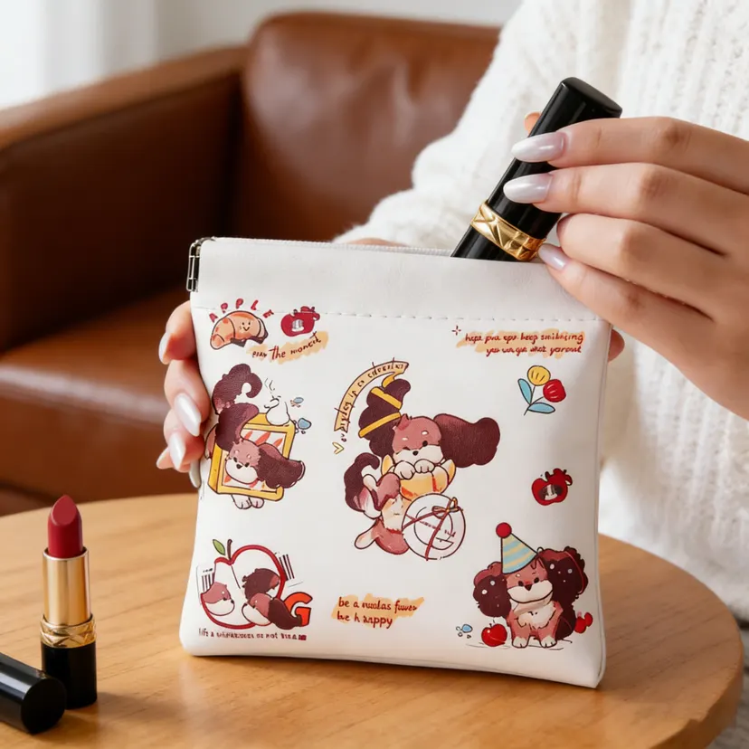 BUYLEMO Cartoon Puppy Print Snap Closure Pouch, Off-white Multi-size PU Leather Glasses & Coin Bag