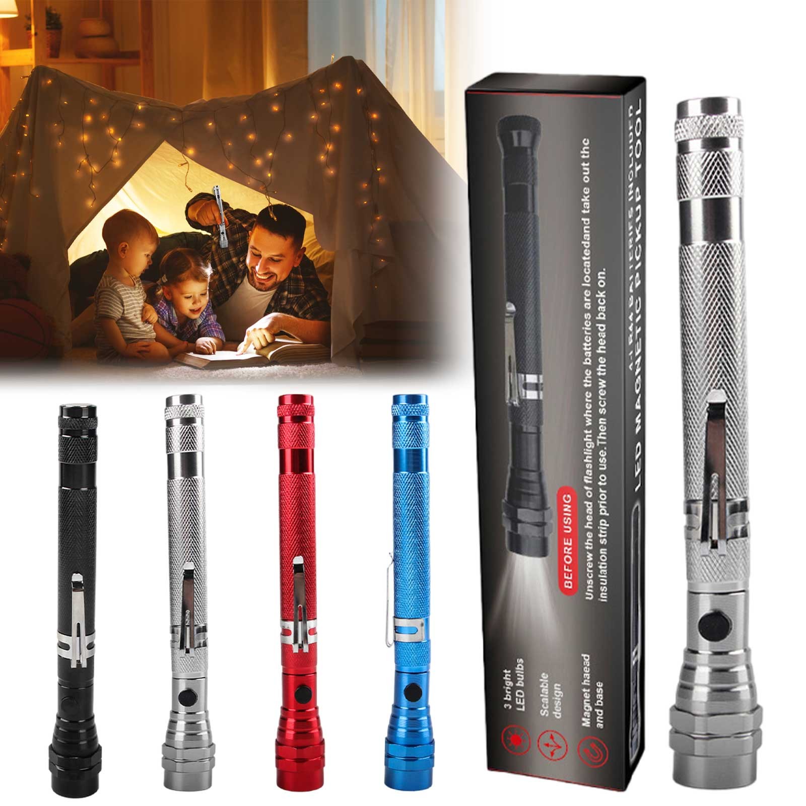 Telescopic Extension Flashlight 3xLED Lamp Portable Torch Flexible Head Flashlight Magnet Pickup tool mergency Light Lantern