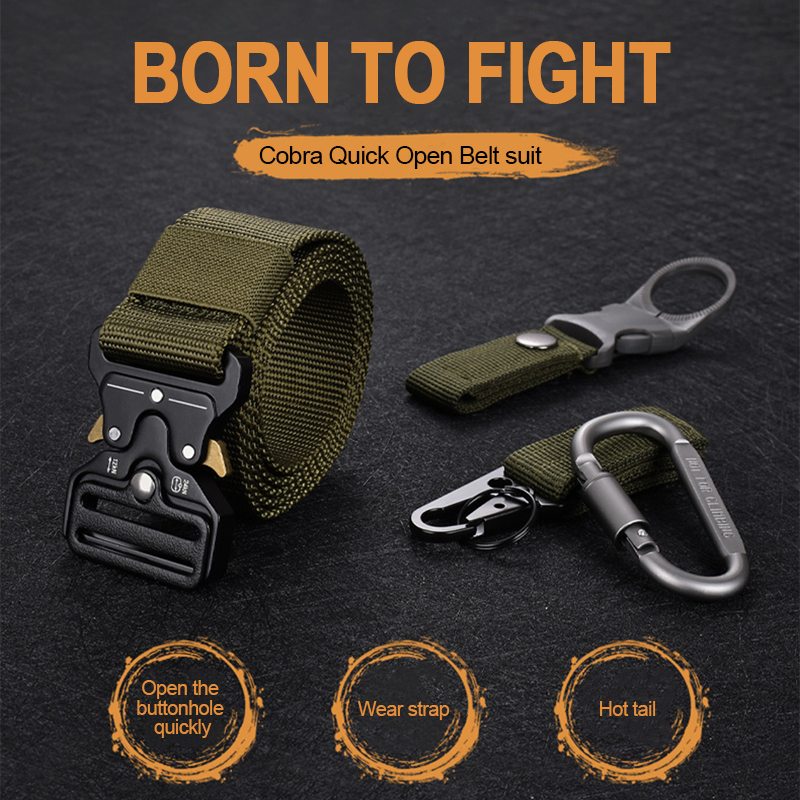 Quick Release Belt for Men - Durable Canvas Waistband with Water Bottle Hook Carabiners Outdoor Hunting Hiking Gear Kit