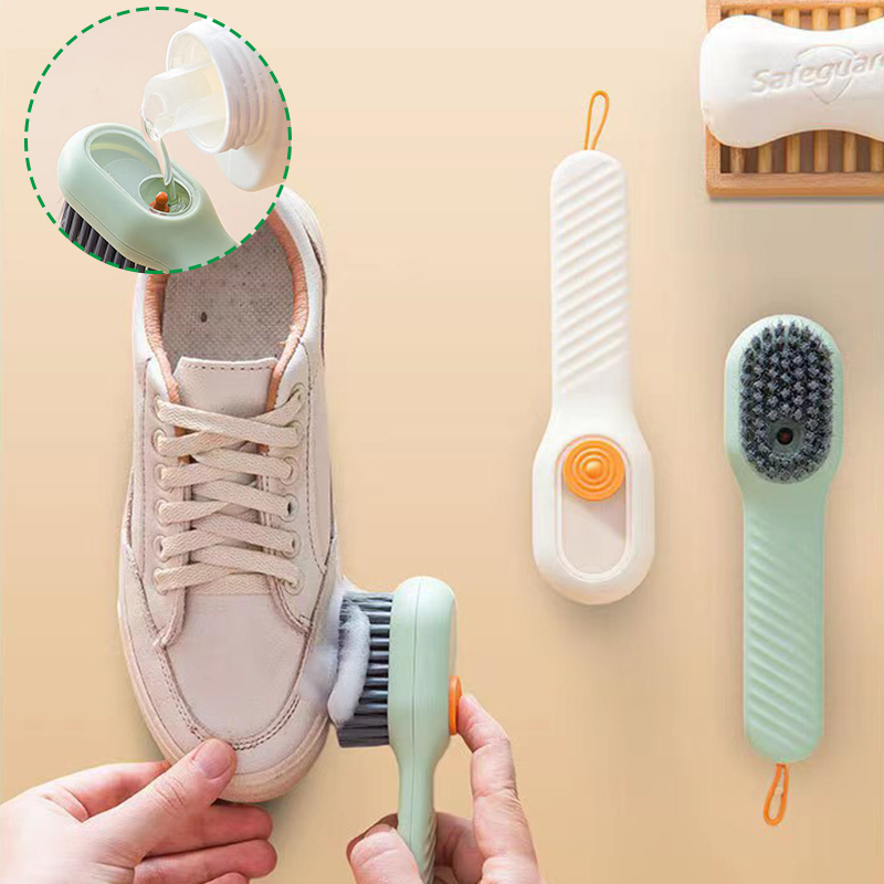 1Pc Multifunctional Shoe Cleaning Brush with Liquid Dispenser Long Handle Soft Bristle No Damage for Sneakers Home Laundry Use