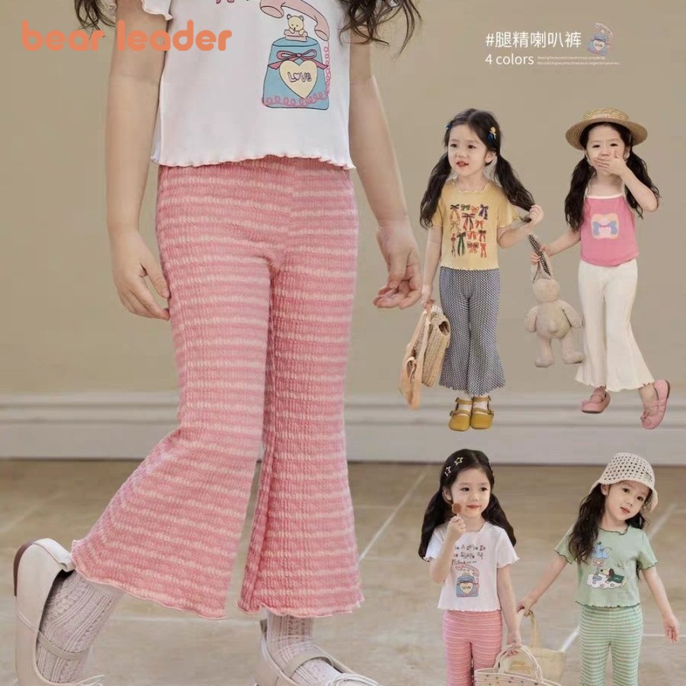 Bear Leader 3-7 Years Summer Korean Version Plain Girls Clothes Striped Printed Flared Pants Easter Casual Children's Clothing