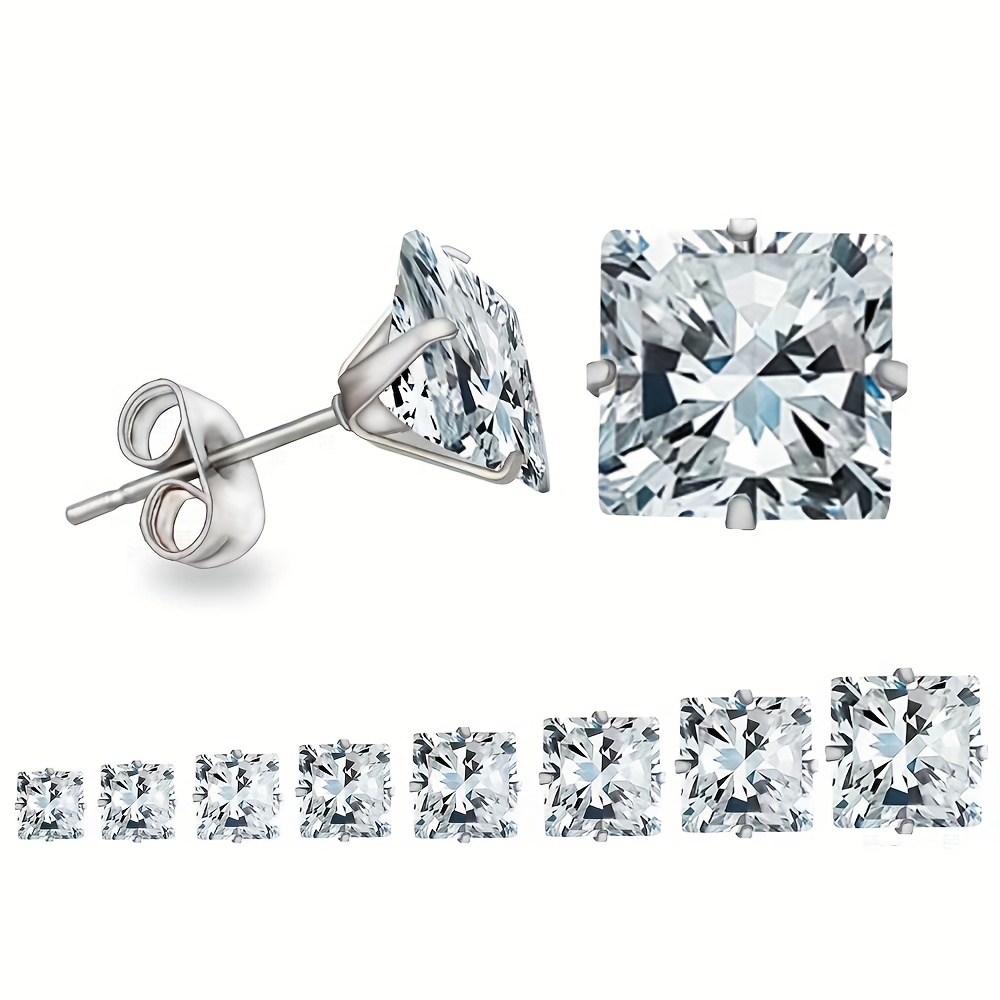 1pair Unisex Simple Fashion Stainless Steel Square Clear Cubic Zirconia Push Back Stud Earrings for Men Women Daily Wear Jewelry