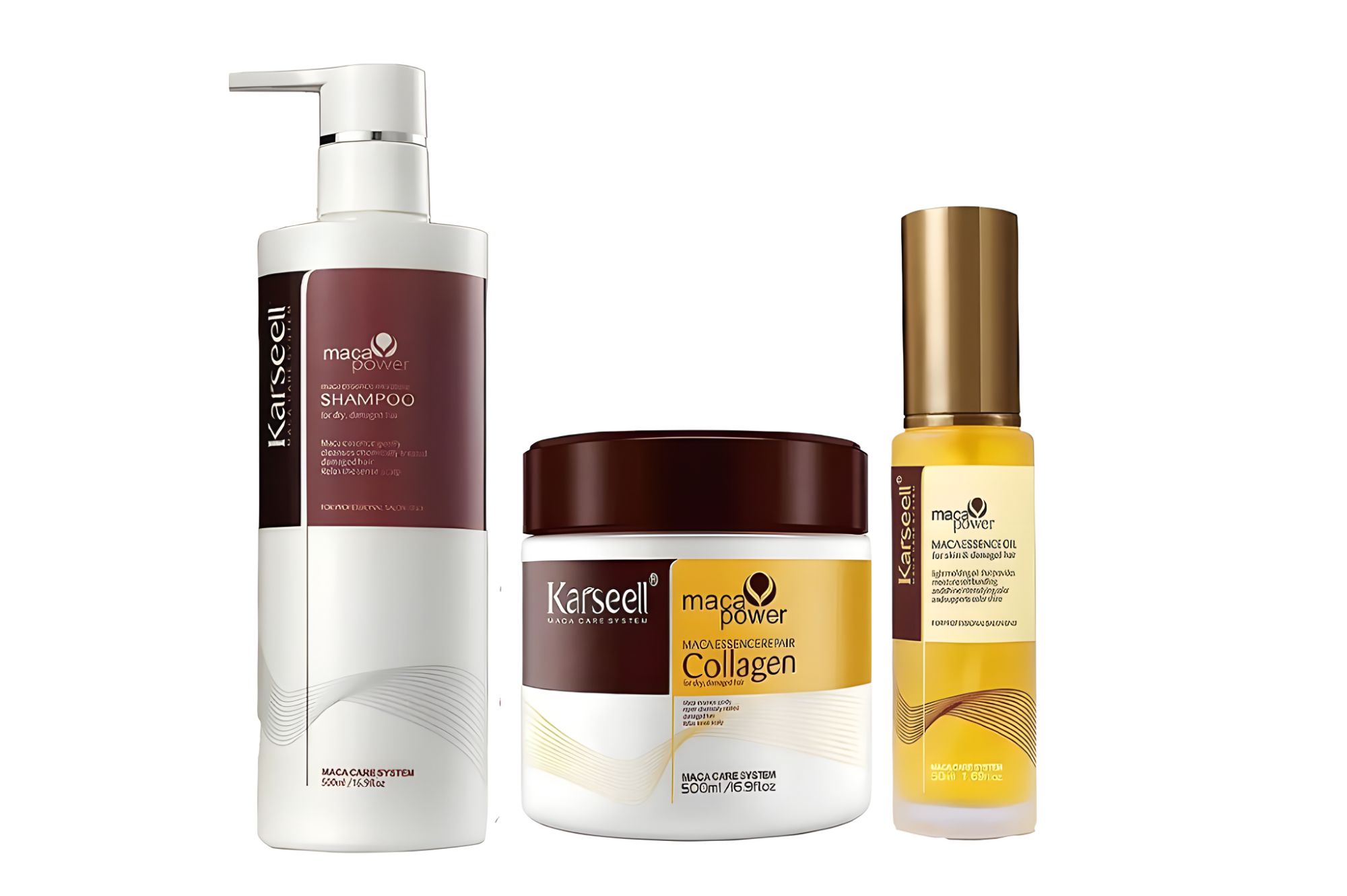 Karseell Collagen Maca Power Hair Care Trio Ultimate Repair Set - Shampoo, Deep Repair Hair Mask & Argan Oil - Nourishes, Strengthens, and Hydrates Dry & Damaged Hair for All Hair Types