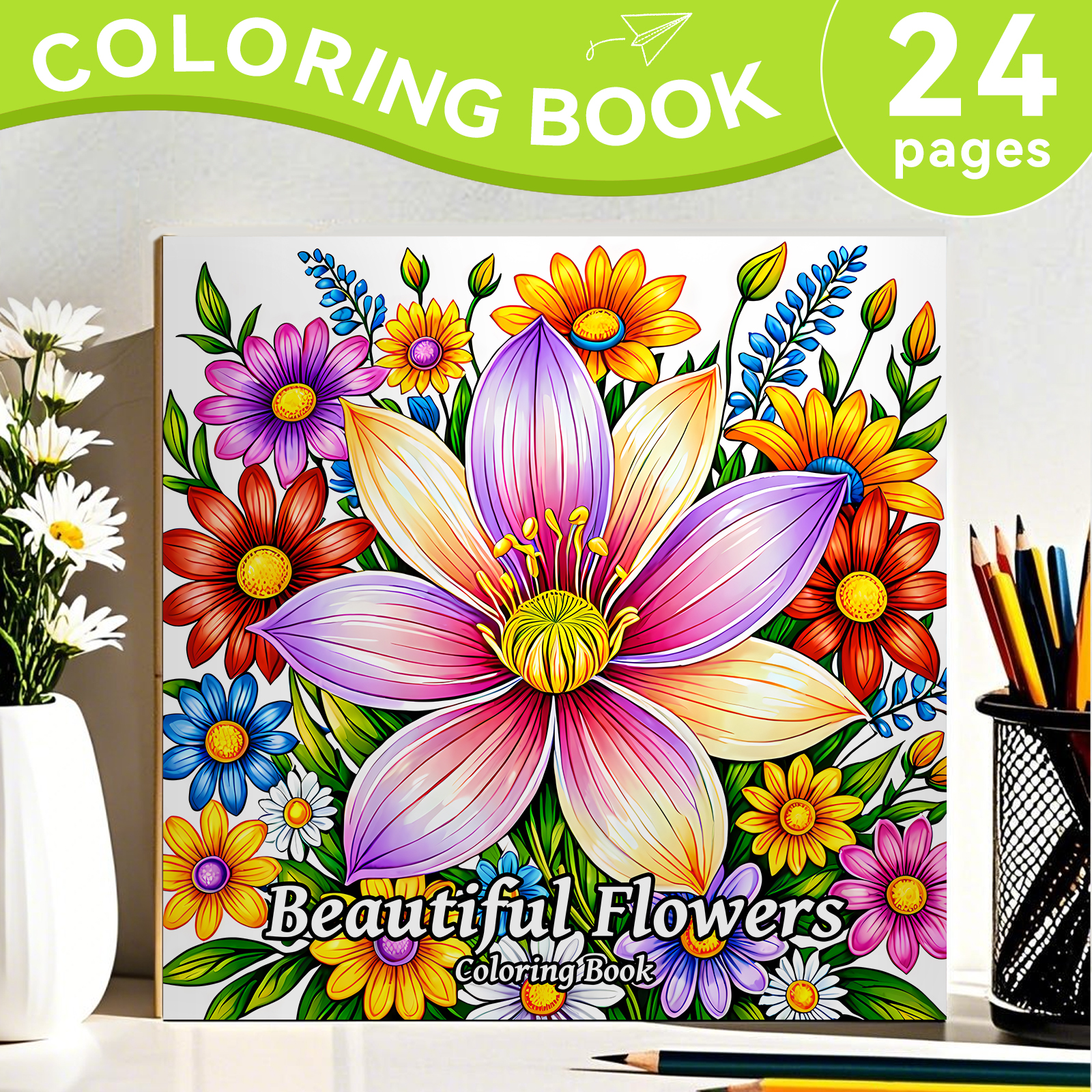 24 Pages Spiral Bound Garden Flower Coloring Book, Elegant Floral Patterns, Stress Relief Leisure Drawing