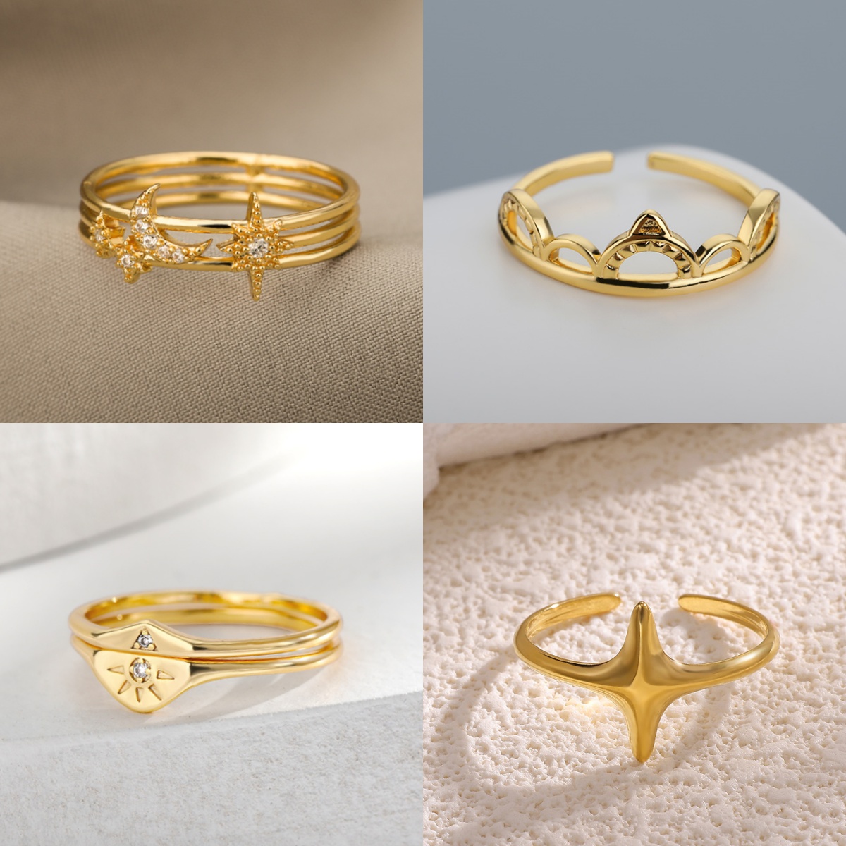 Vintage Moon and Star Women's Rings Stainless Steel Gold Color Crown Jewelry Ring