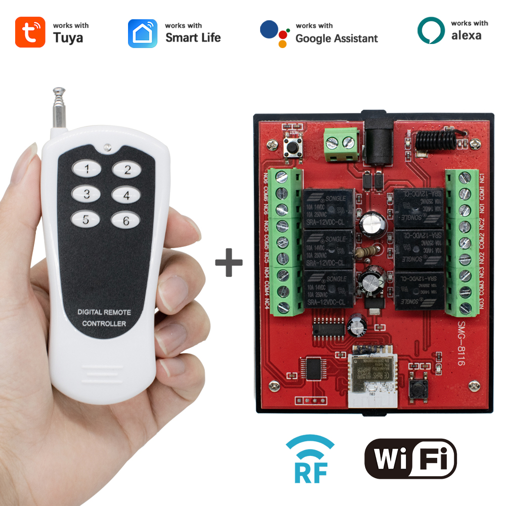 6 Channel Smart WiFi Relay Module DC 12V/24V RF Remote Control Switch Work With Tuya Alexa Home