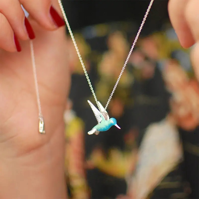 Huitan Blue Green Enamel Bird Necklace for Women Silver Color Gold Plated Cute Bird Pendant Necklace Unique Wedding Jewelry